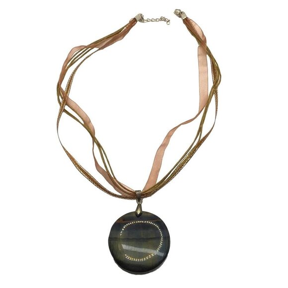 Natural Stone Pendant Necklace Brown Falcon Eye Adjustable Length - Picture 1 of 4